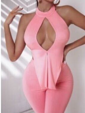 SHEIN Pink Halter Cutout Jumpsuit